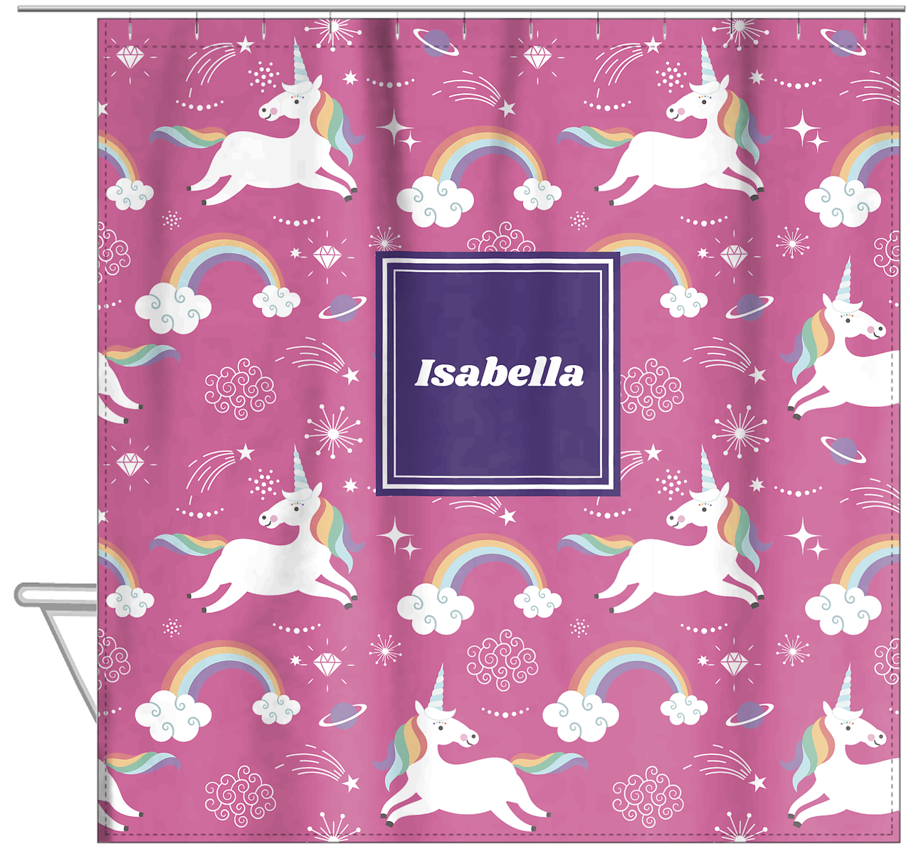 Personalized Rainbows Shower Curtain III - Unicorns - Square Nameplate - Hanging View