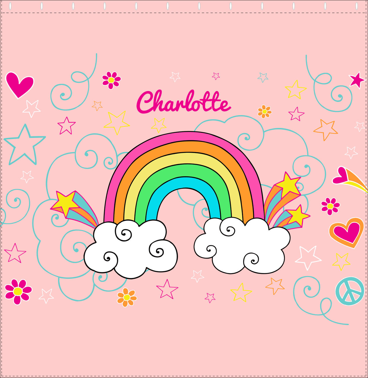 Personalized Rainbows Shower Curtain VI - Rainbow Doodle - Pink Background - Decorate View