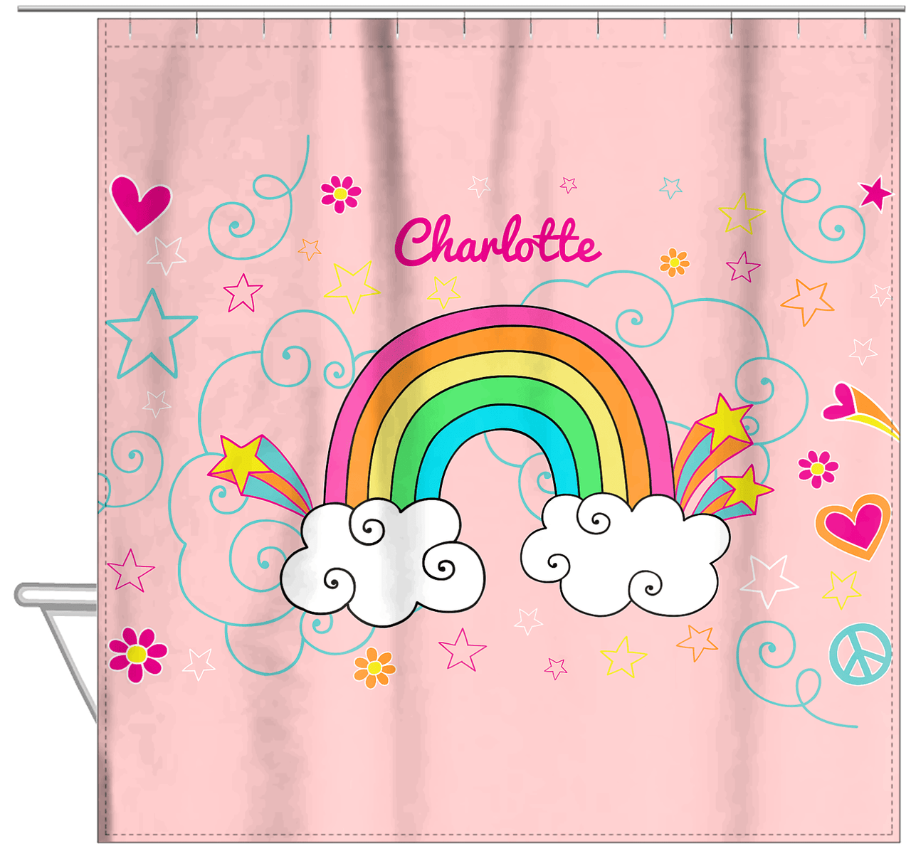 Personalized Rainbows Shower Curtain VI - Rainbow Doodle - Pink Background - Hanging View