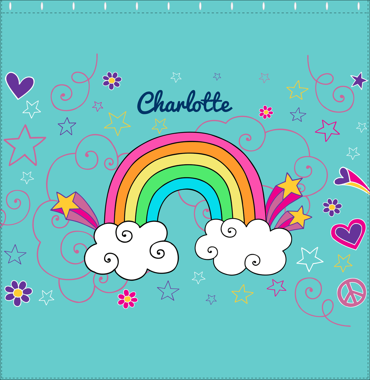 Personalized Rainbows Shower Curtain VI - Rainbow Doodle - Teal Background - Decorate View