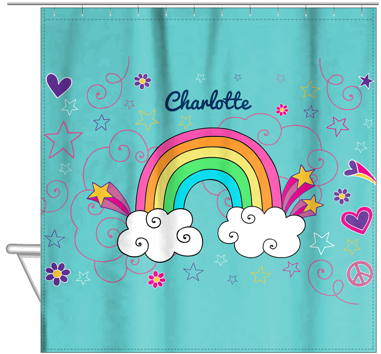 Personalized Rainbows Shower Curtain VI - Rainbow Doodle - Teal Background - Hanging View