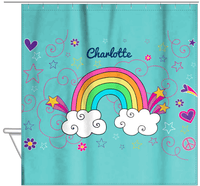 Thumbnail for Personalized Rainbows Shower Curtain VI - Rainbow Doodle - Teal Background - Hanging View