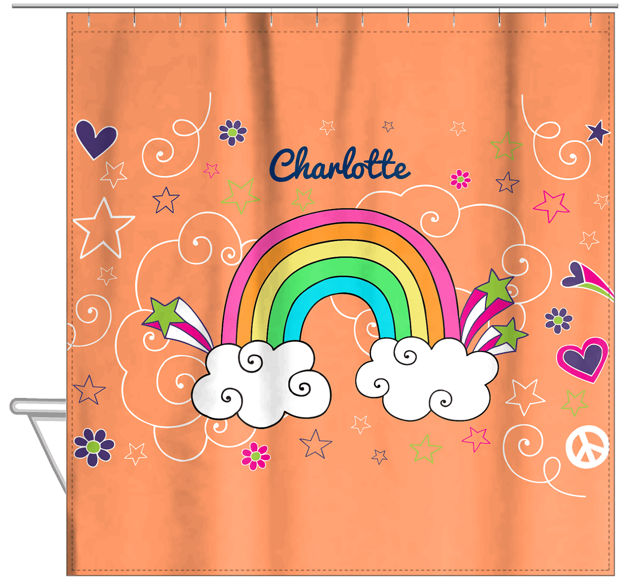 Personalized Rainbows Shower Curtain VI - Rainbow Doodle - Orange Background - Hanging View