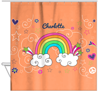Thumbnail for Personalized Rainbows Shower Curtain VI - Rainbow Doodle - Orange Background - Hanging View