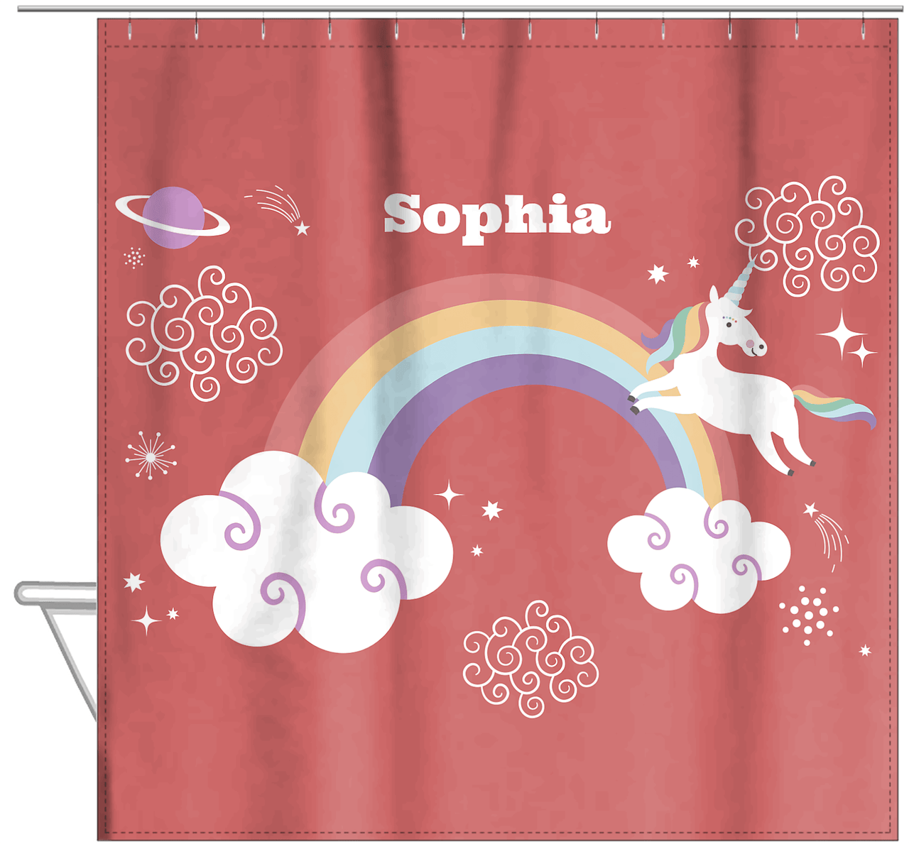 Personalized Rainbows Shower Curtain VII - Rainbow Unicorn - Red Background - Hanging View