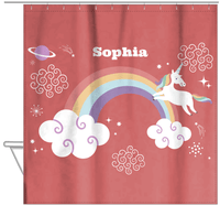 Thumbnail for Personalized Rainbows Shower Curtain VII - Rainbow Unicorn - Red Background - Hanging View
