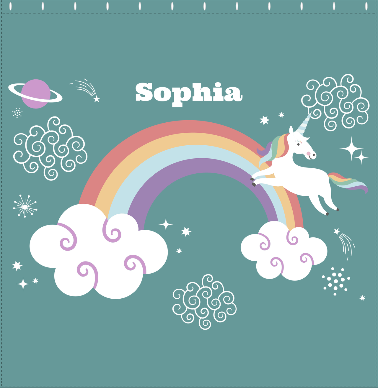 Personalized Rainbows Shower Curtain VII - Rainbow Unicorn - Teal Background - Decorate View