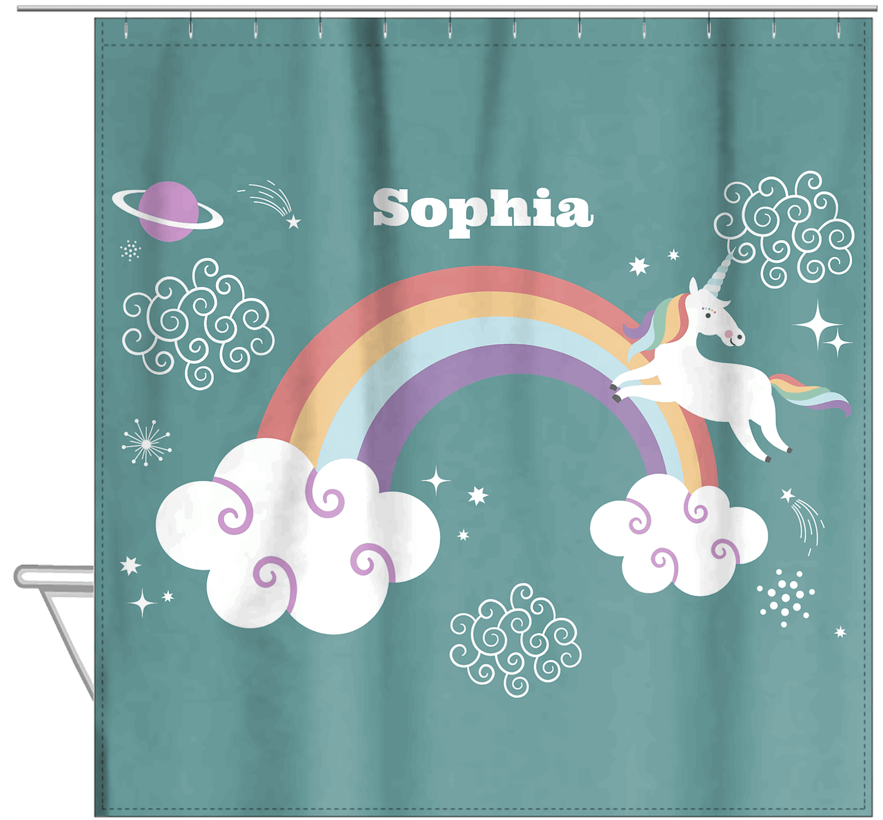 Personalized Rainbows Shower Curtain VII - Rainbow Unicorn - Teal Background - Hanging View