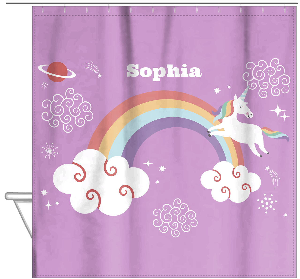 Personalized Rainbows Shower Curtain VII - Rainbow Unicorn - Purple Background - Hanging View