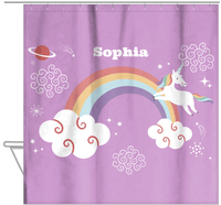 Thumbnail for Personalized Rainbows Shower Curtain VII - Rainbow Unicorn - Purple Background - Hanging View