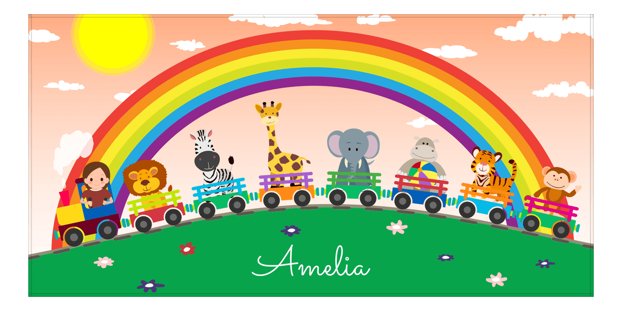 Personalized Rainbows Beach Towel IV - Animal Train - Brown Hair Boy - Front View