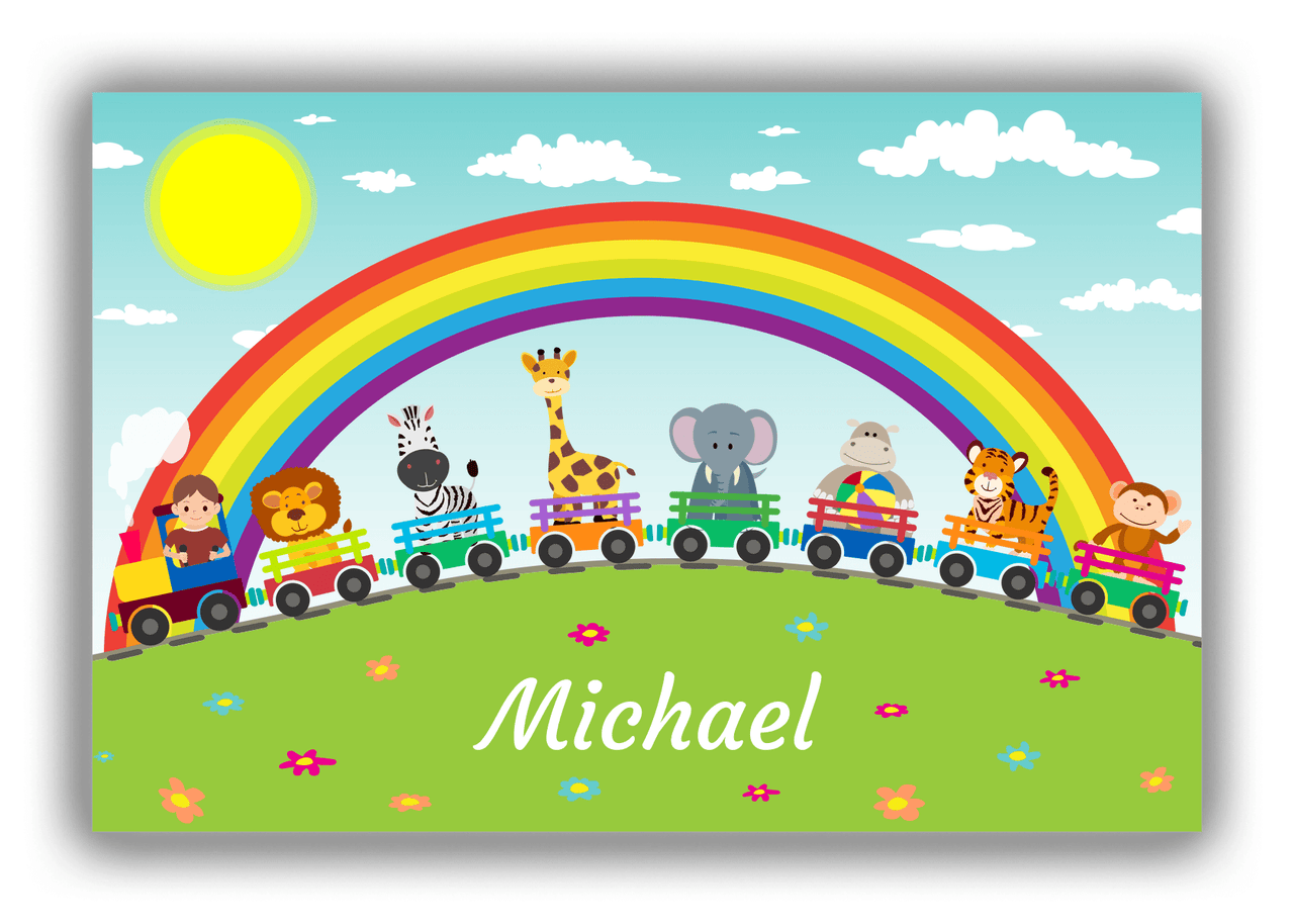 Personalized Rainbow Canvas Wrap & Photo Print IV - Animal Train - Brown Hair Boy - Front View