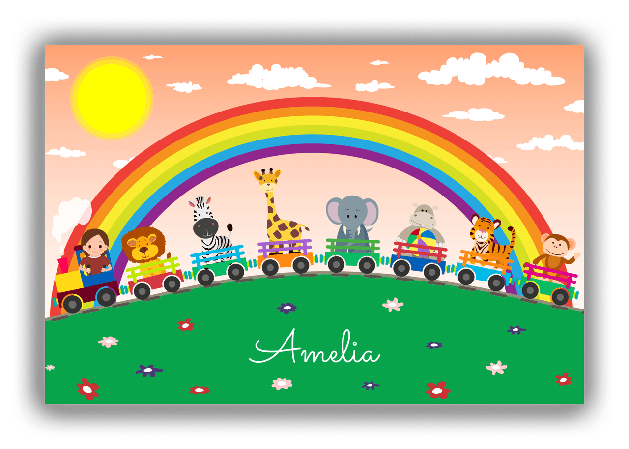 Personalized Rainbow Canvas Wrap & Photo Print V - Animal Train - Brunette Girl - Front View