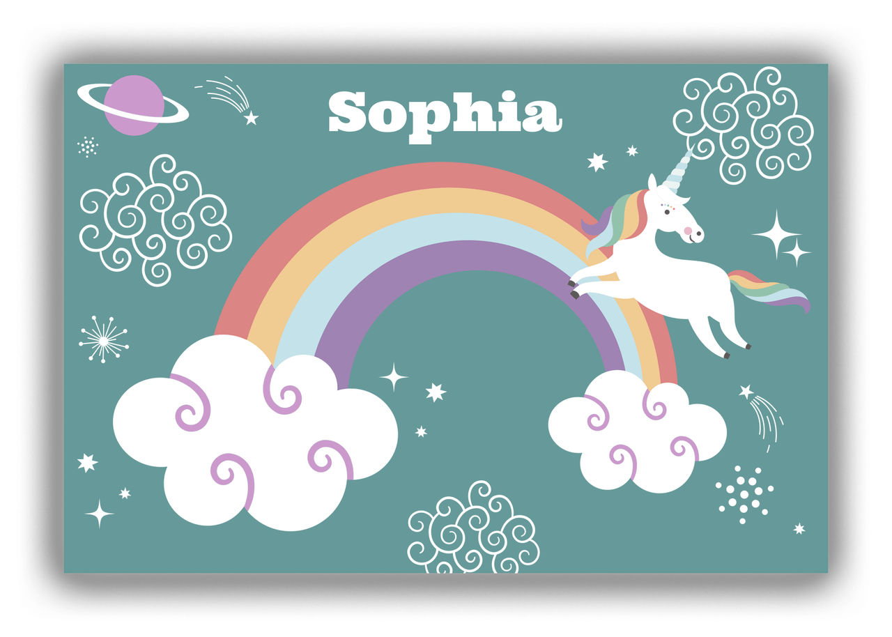 Personalized Rainbow Canvas Wrap & Photo Print VII - Rainbow Unicorn - Teal Background - Front View