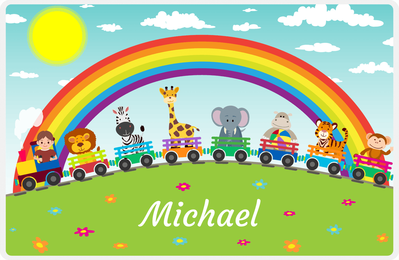 Personalized Rainbow Placemat IV - Animal Train - Brown Hair Boy -  View