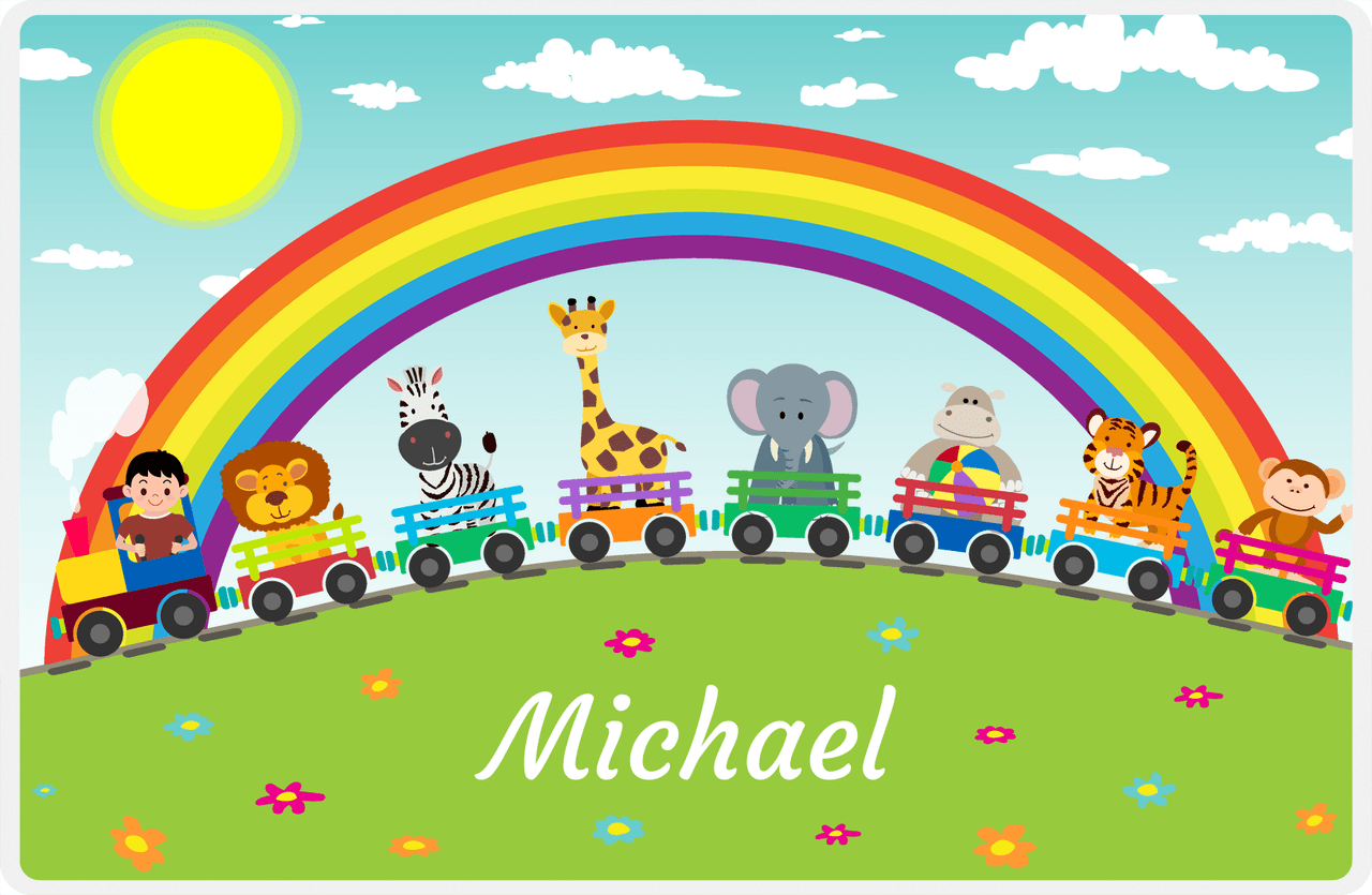 Personalized Rainbow Placemat IV - Animal Train - Black Hair Boy -  View