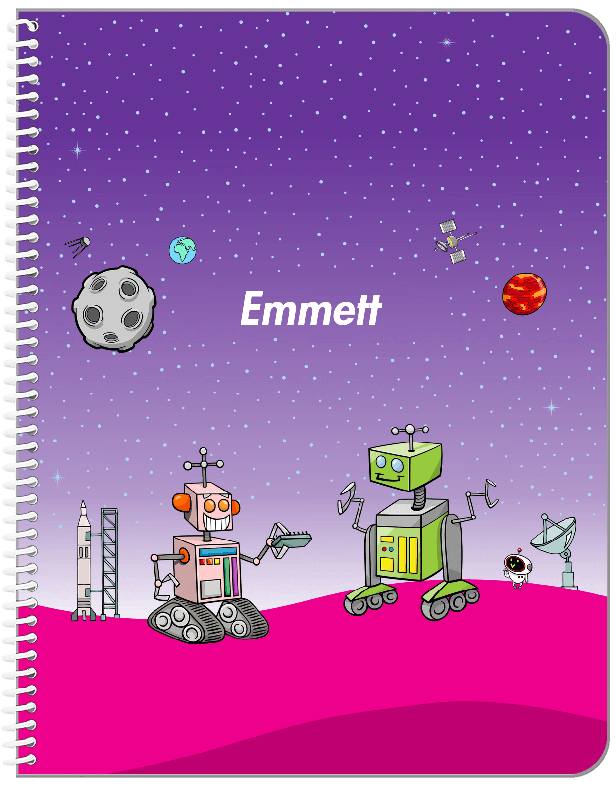 Personalized Robots Notebook I - Transistor Buddies - Purple Background - Front View