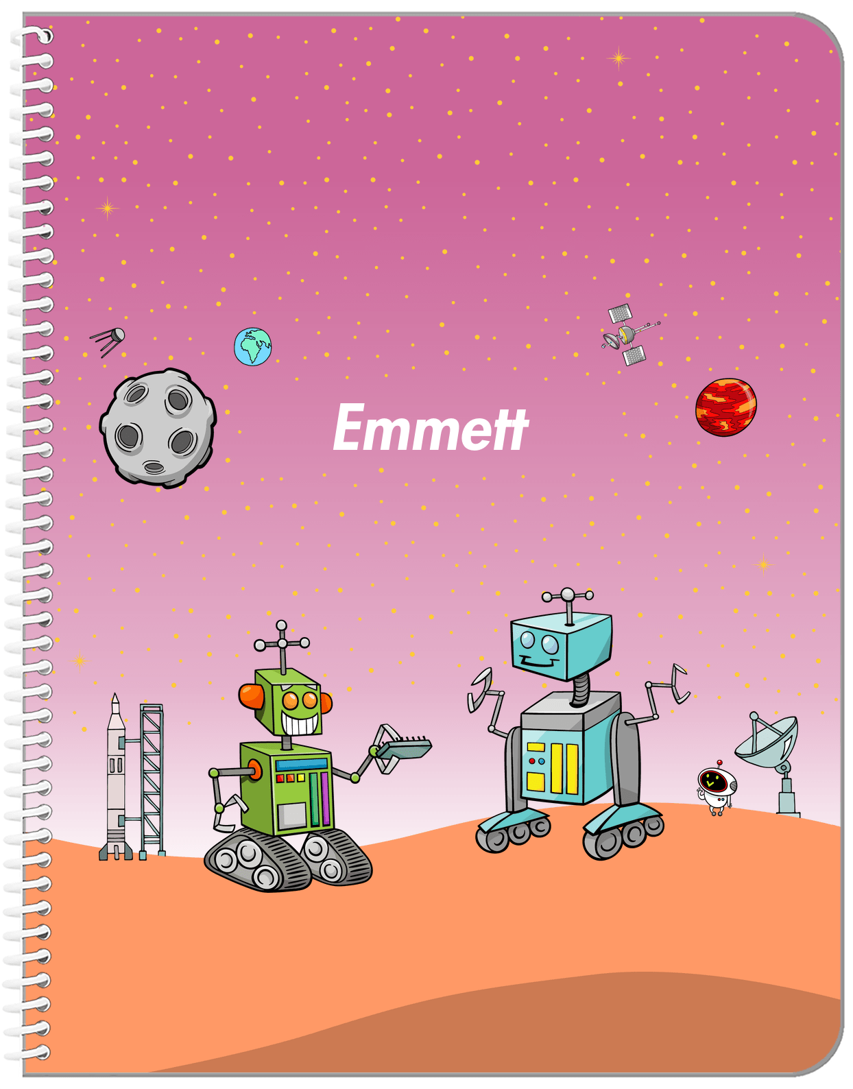 Personalized Robots Notebook I - Transistor Buddies - Pink Background - Front View