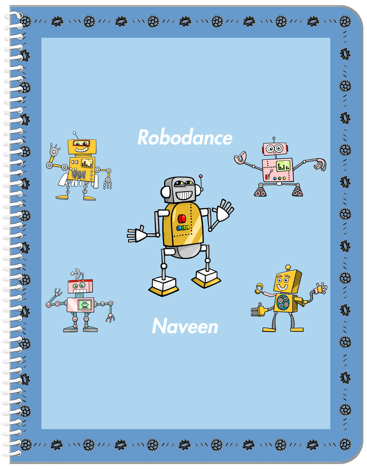 Personalized Robots Notebook II - Robodance Party - Blue Background - Front View
