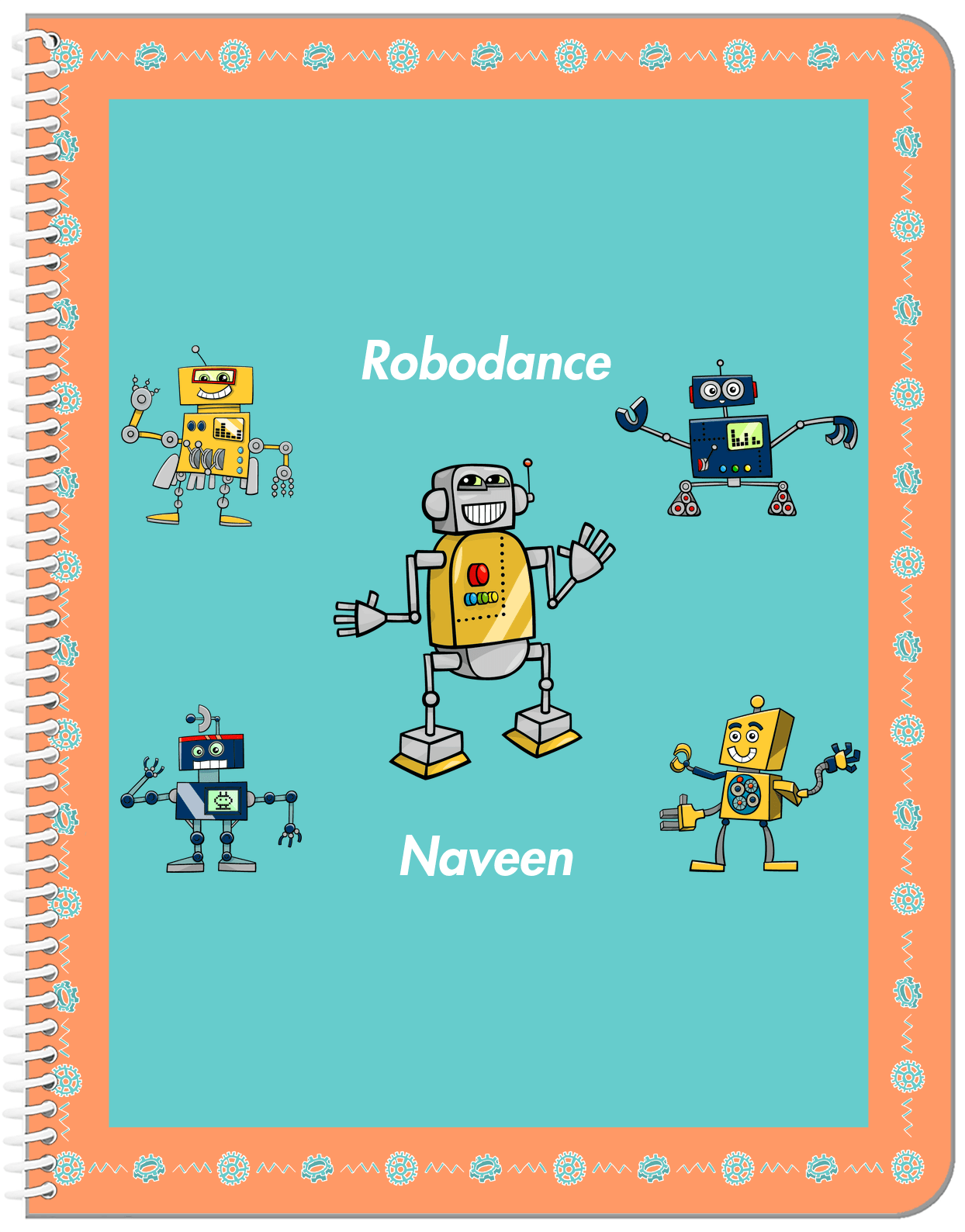 Personalized Robots Notebook II - Robodance Party - Orange Background - Front View