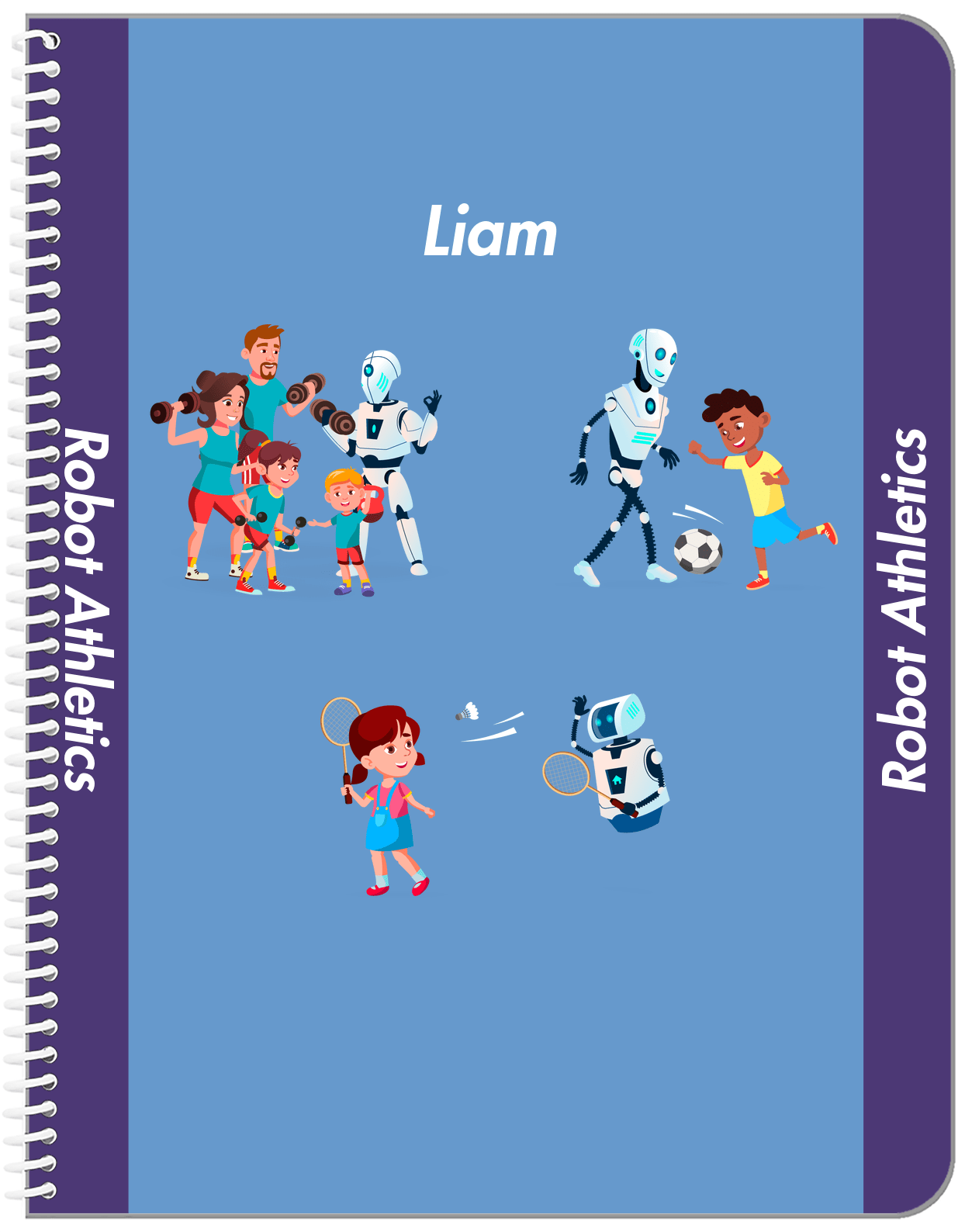 Personalized Robots Notebook IX - Robot Athletics - Blue Background - Front View