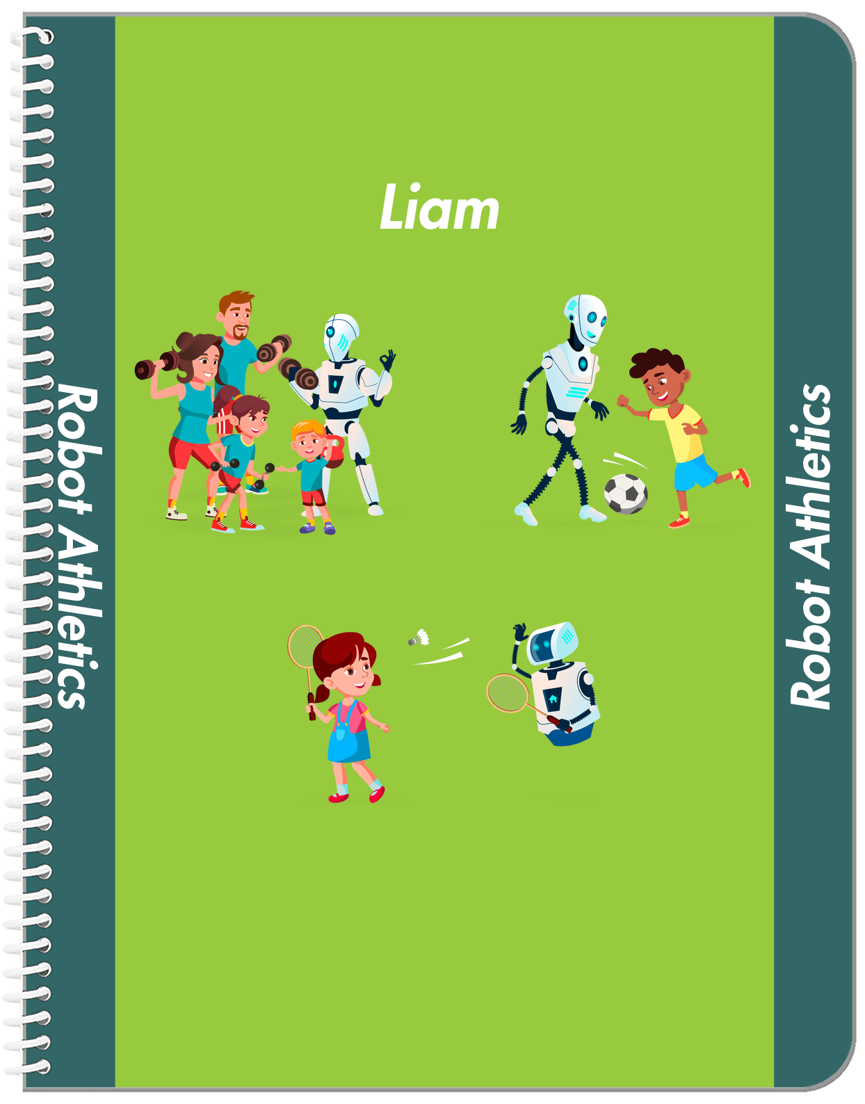 Personalized Robots Notebook IX - Robot Athletics - Green Background - Front View