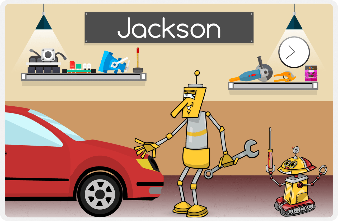 Personalized Robots Placemat III - Robot Mechanics - Brown Background -  View
