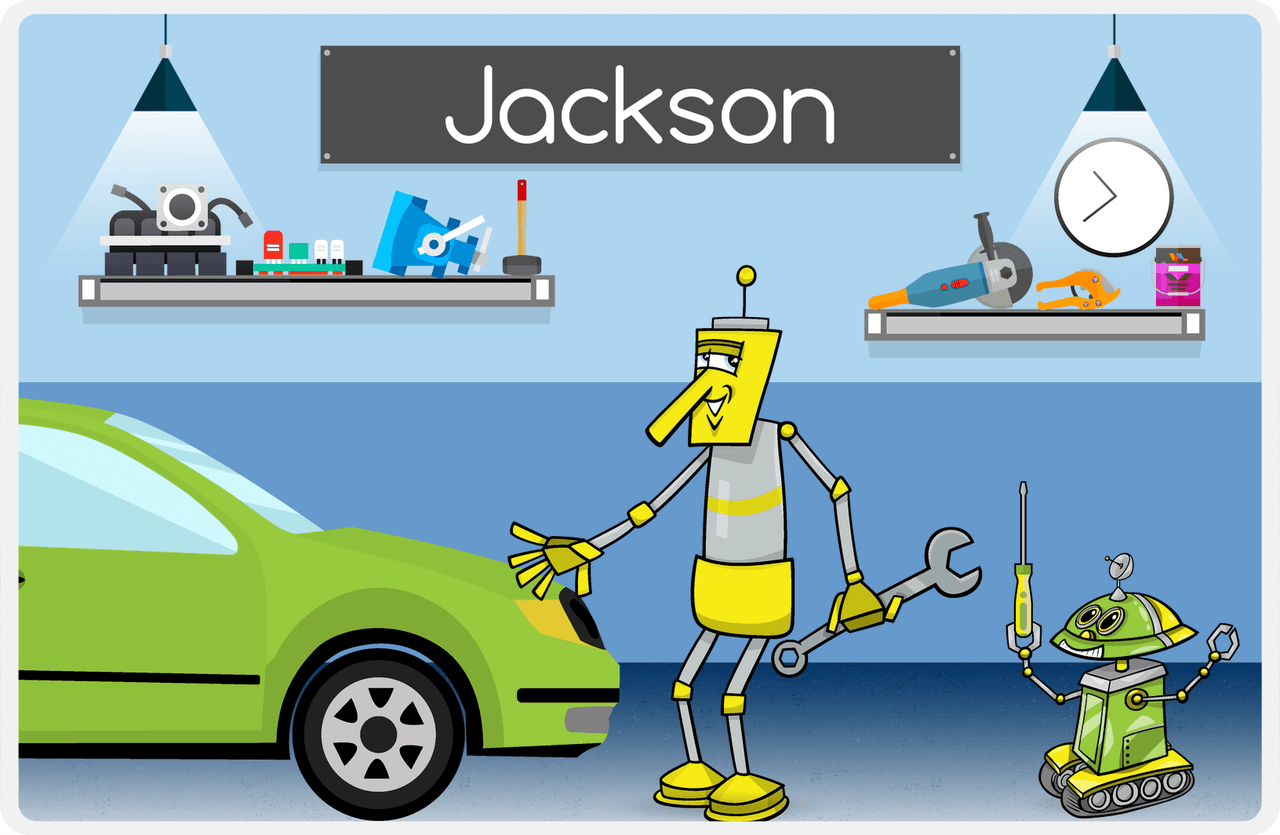 Personalized Robots Placemat III - Robot Mechanics - Blue Background -  View