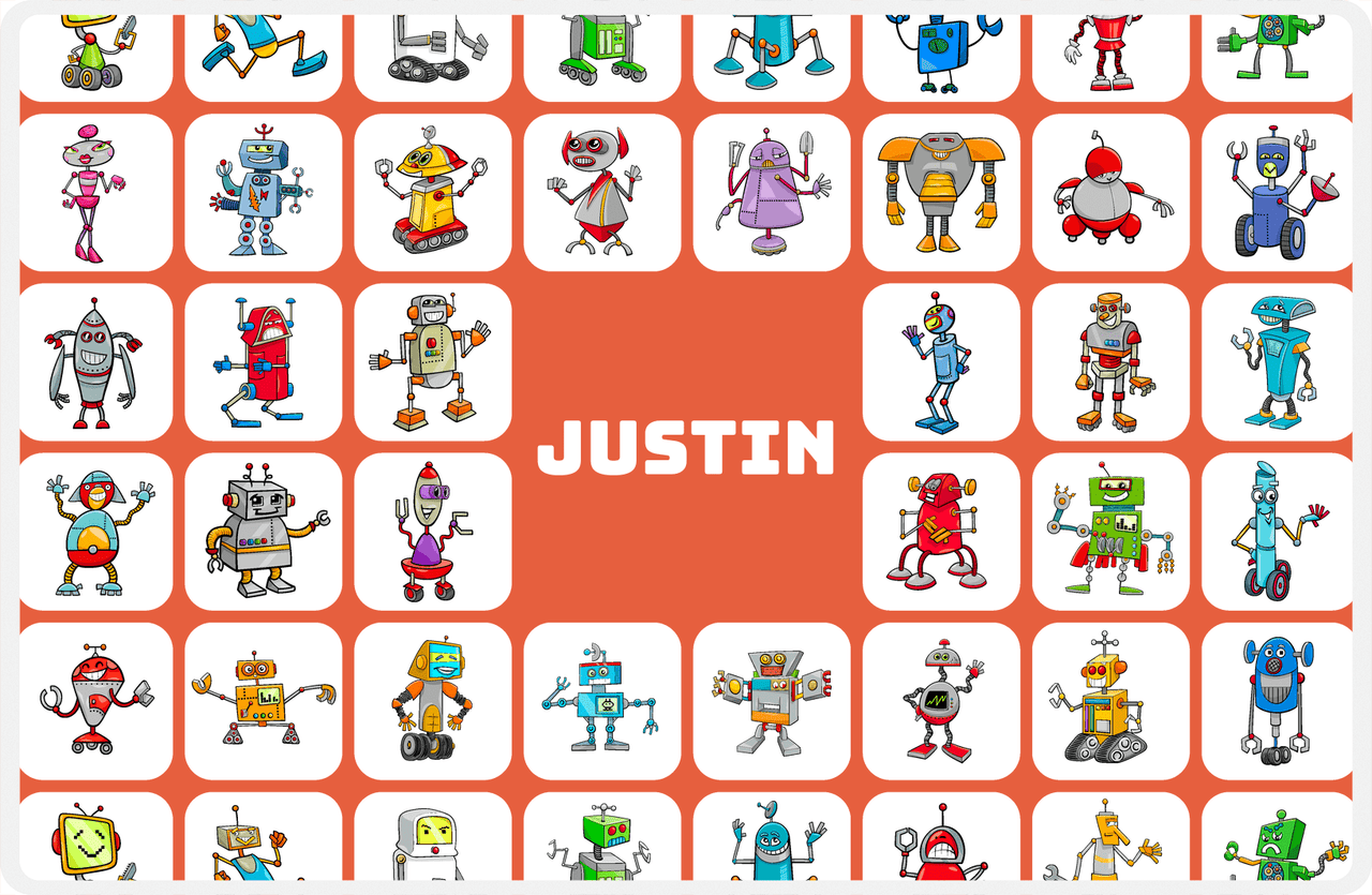 Personalized Robots Placemat IV - Robot Crew - Orange Background -  View