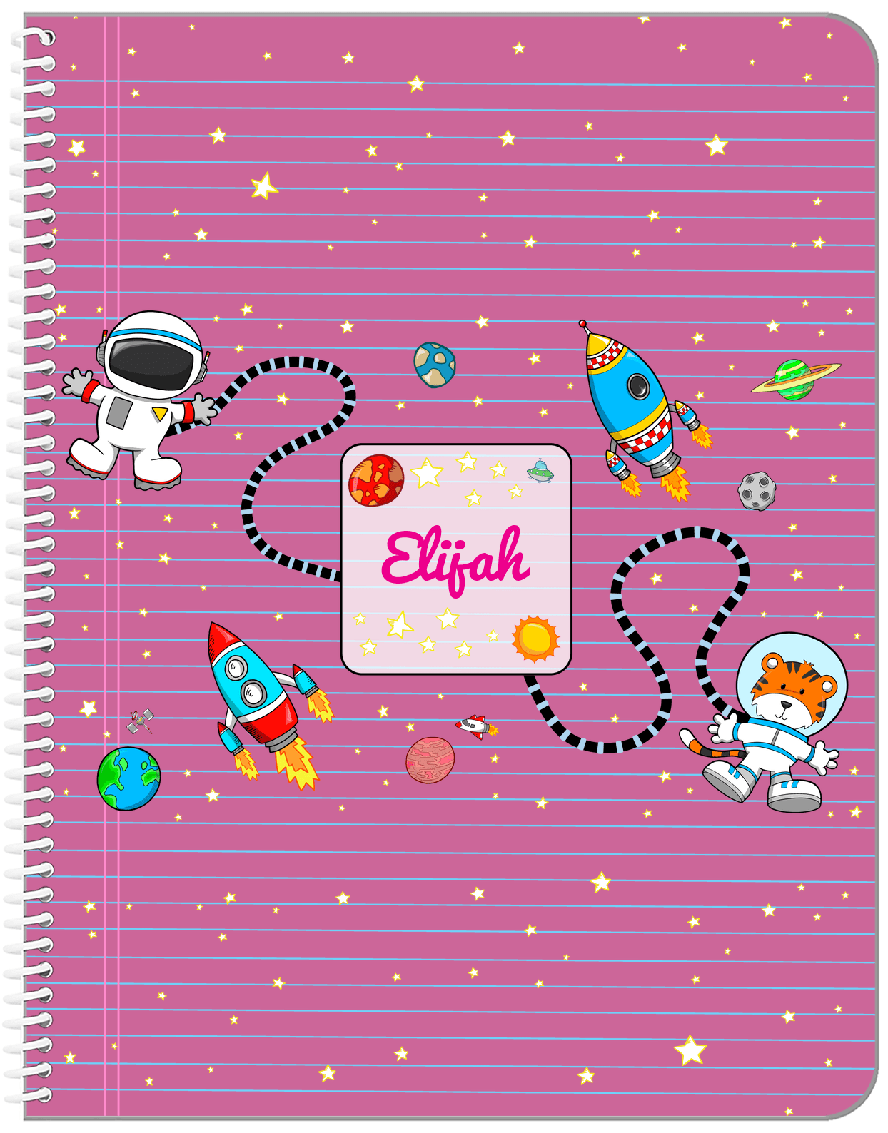 Personalized Rocket Ship Notebook I - Star Tiger - Pink Background - Front View