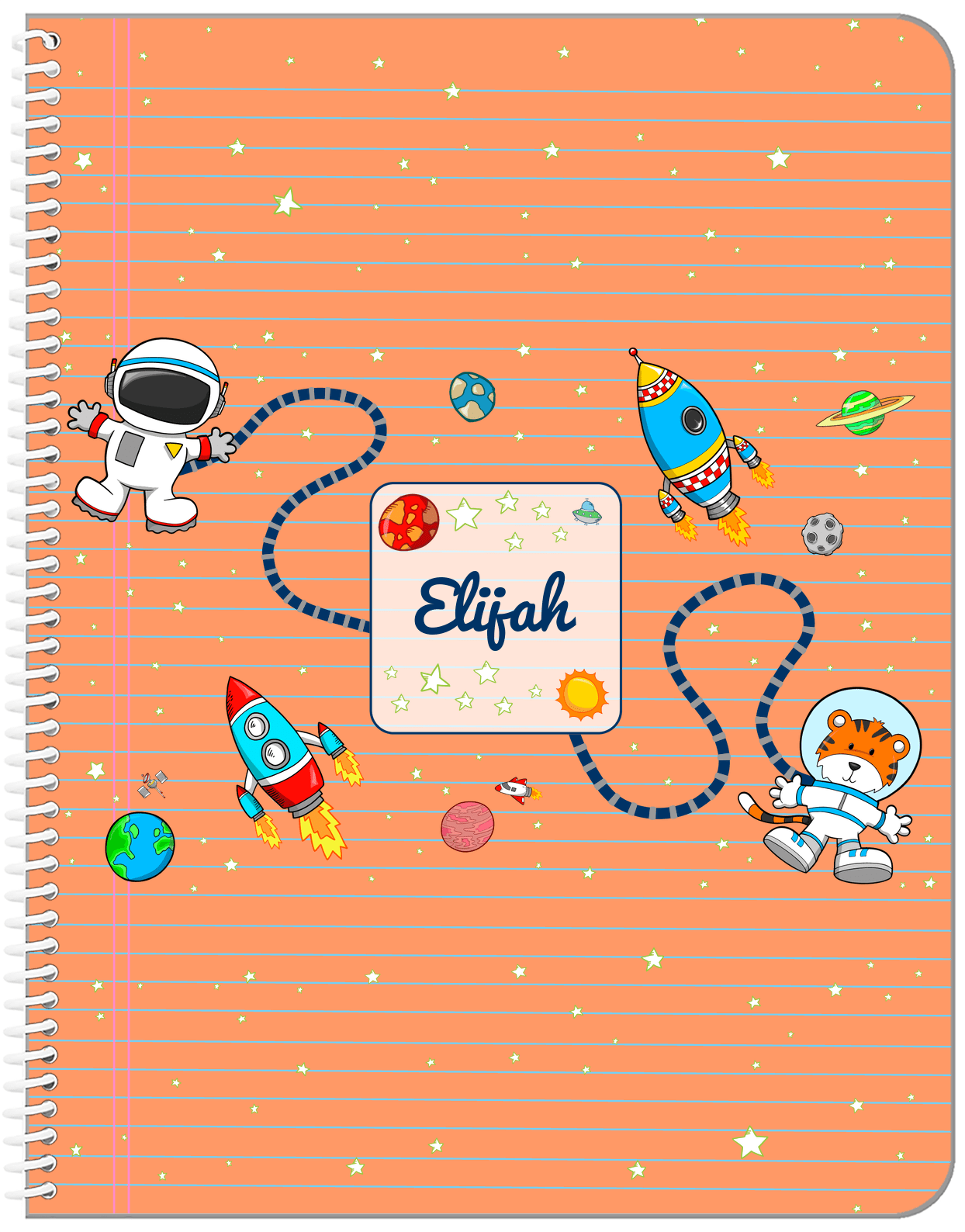 Personalized Rocket Ship Notebook I - Star Tiger - Orange Background - Front View