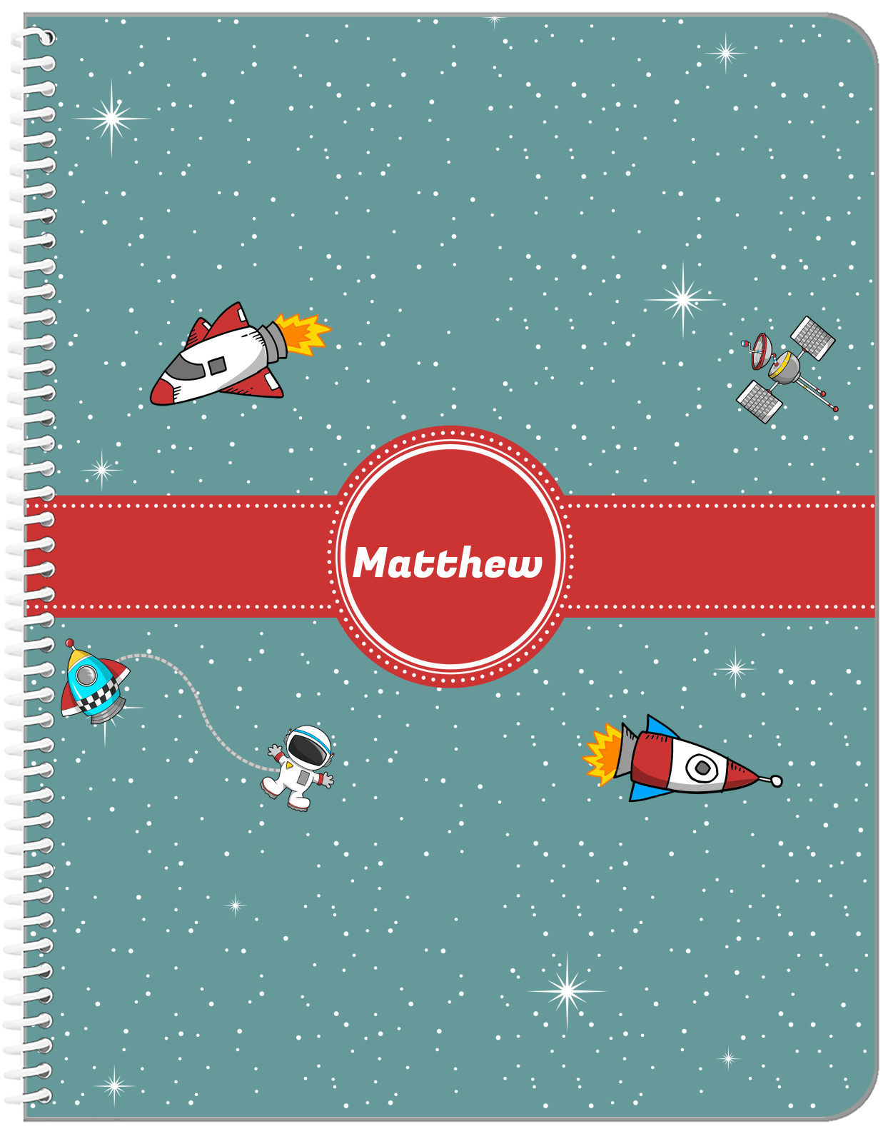 Personalized Rocket Ship Notebook II - Galaxy Center - Circle Ribbon Nameplate - Front View