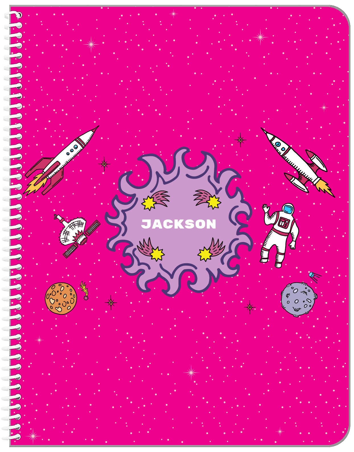 Personalized Rocket Ship Notebook V - Fireball Galaxy - Pink Background - Front View