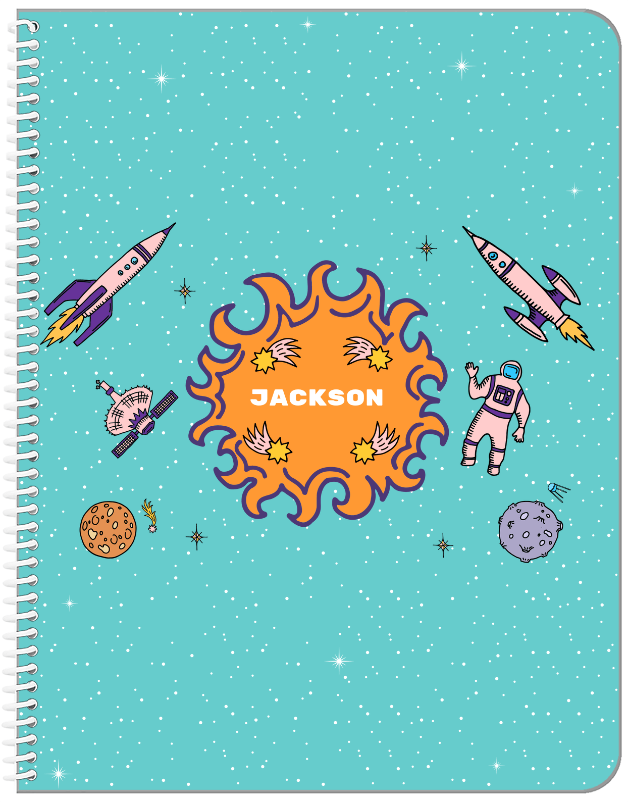 Personalized Rocket Ship Notebook V - Fireball Galaxy - Teal Background - Front View