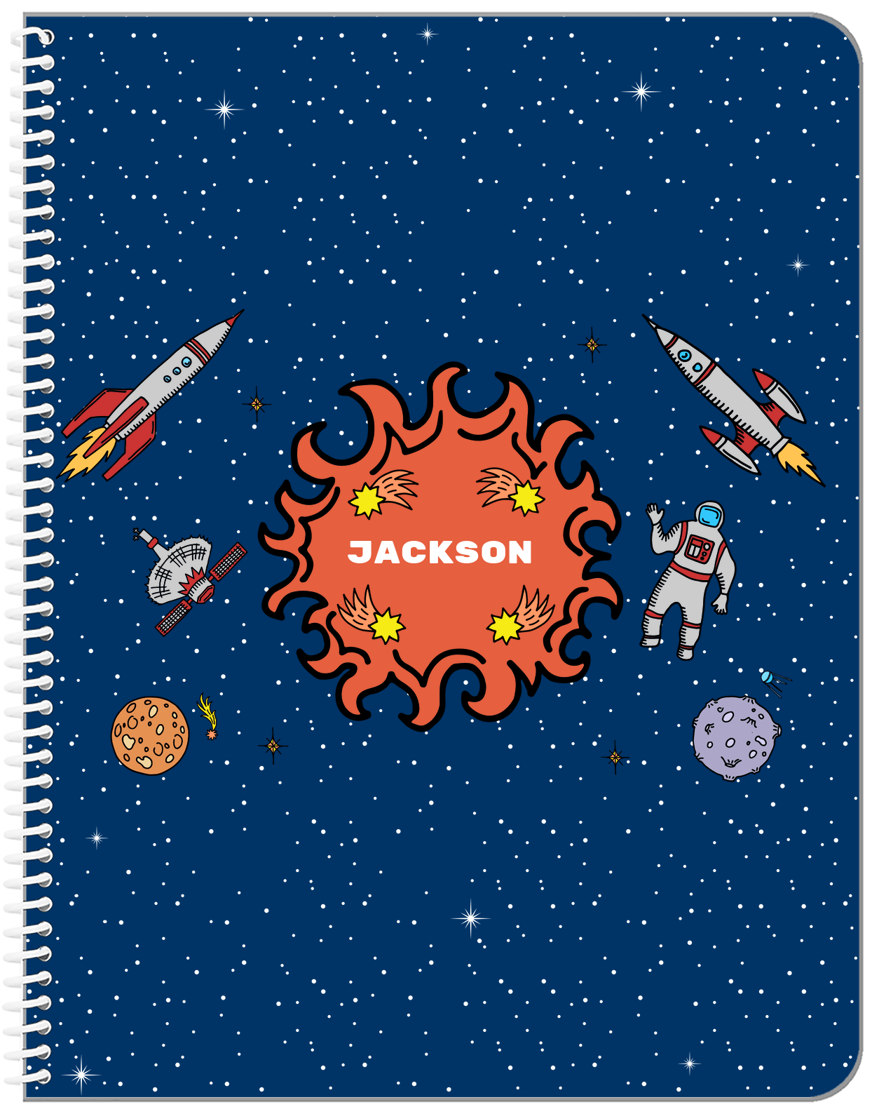 Personalized Rocket Ship Notebook V - Fireball Galaxy - Blue Background - Front View
