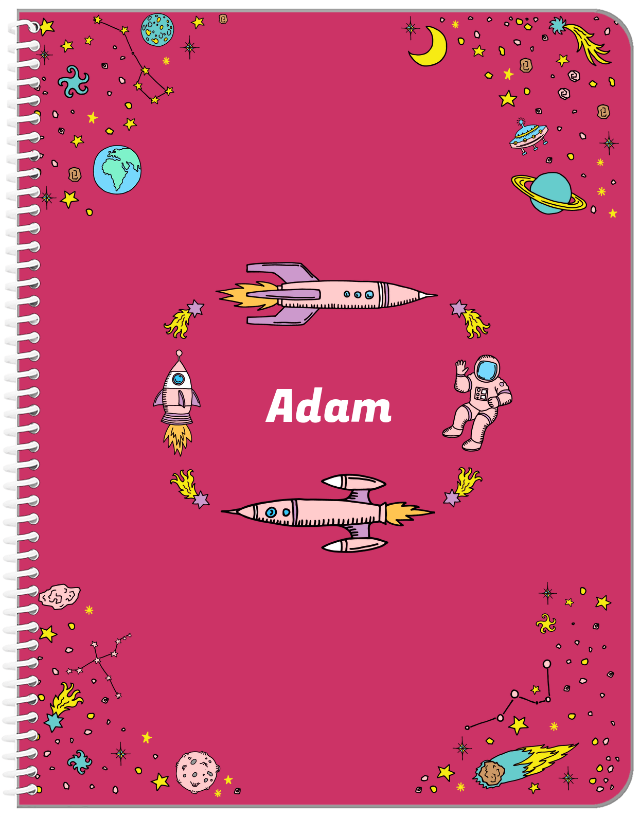 Personalized Rocket Ship Notebook VI - Space Orbit - Pink Background - Front View