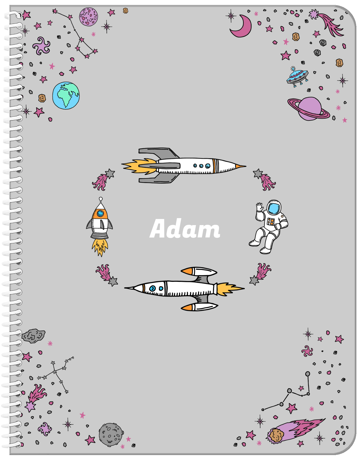Personalized Rocket Ship Notebook VI - Space Orbit - Grey Background - Front View