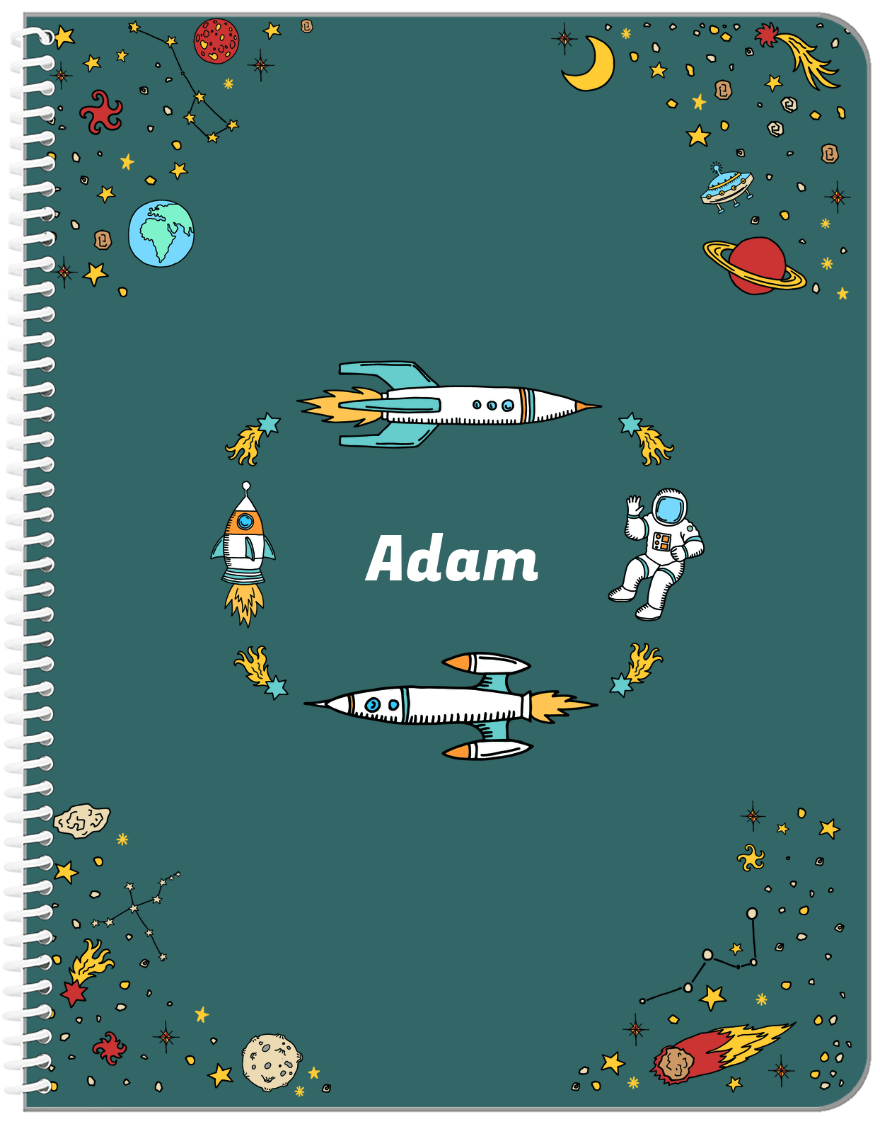 Personalized Rocket Ship Notebook VI - Space Orbit - Teal Background - Front View