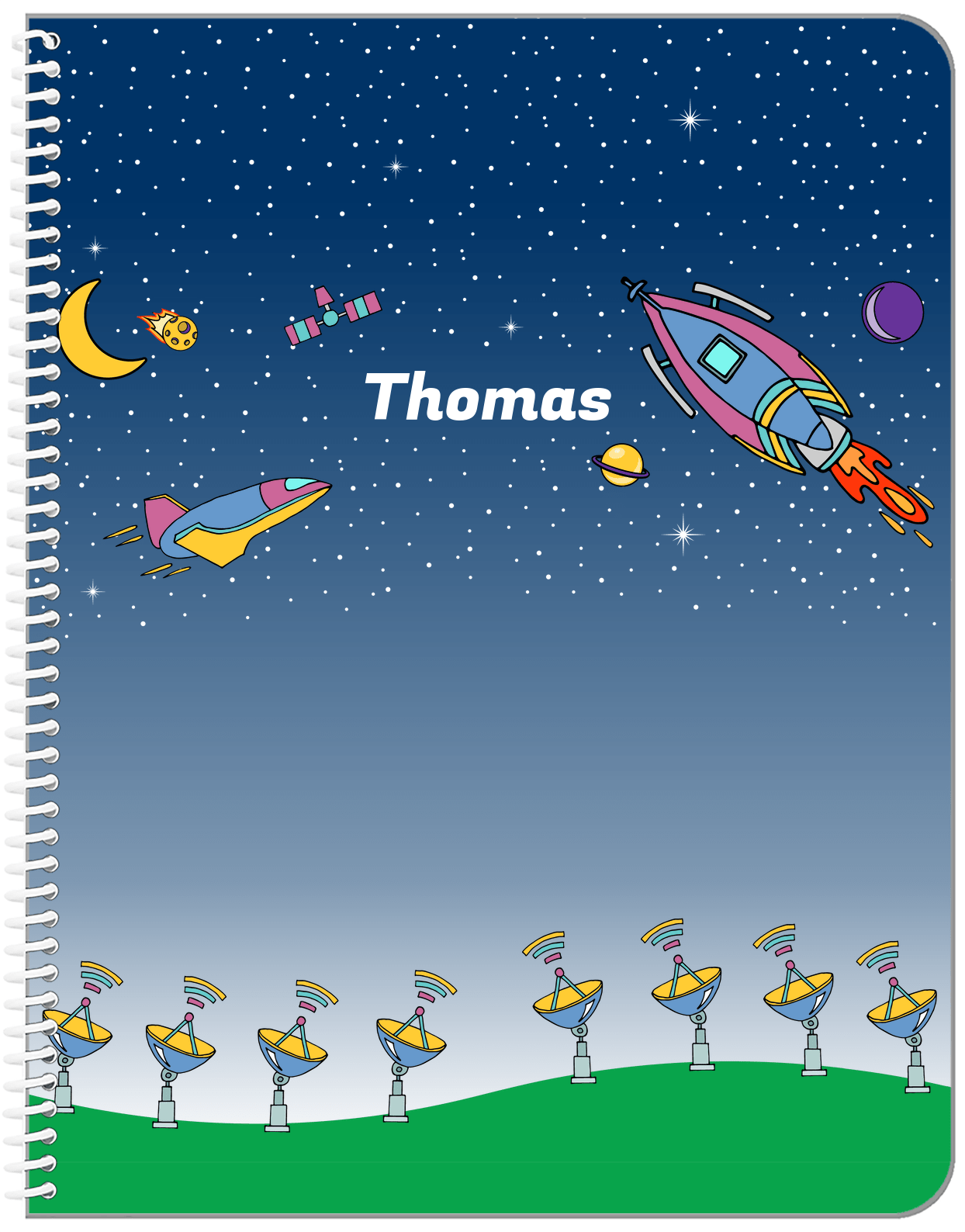 Personalized Rocket Ship Notebook VII - Tracking Space - Blue Background - Front View