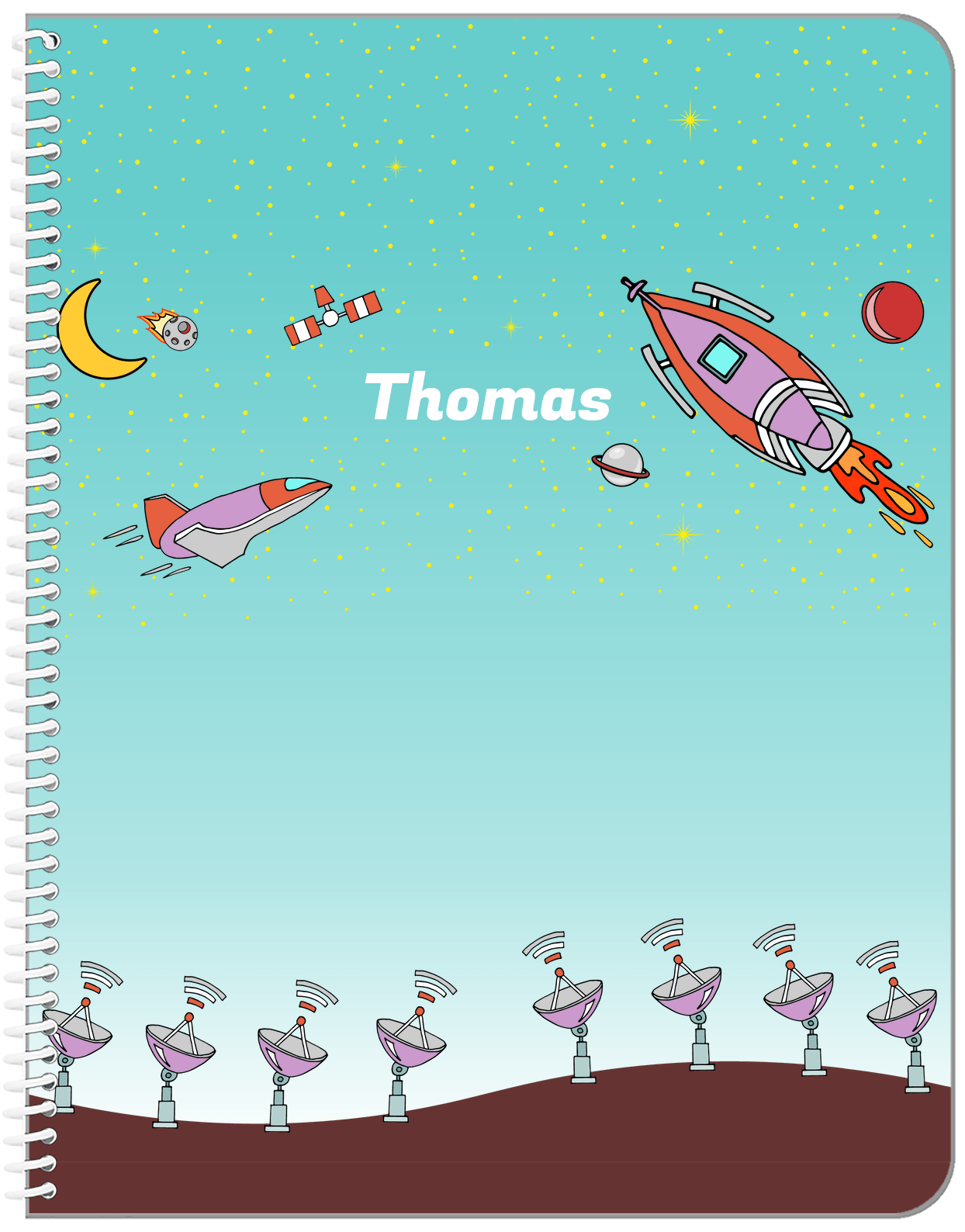 Personalized Rocket Ship Notebook VII - Tracking Space - Teal Background - Front View