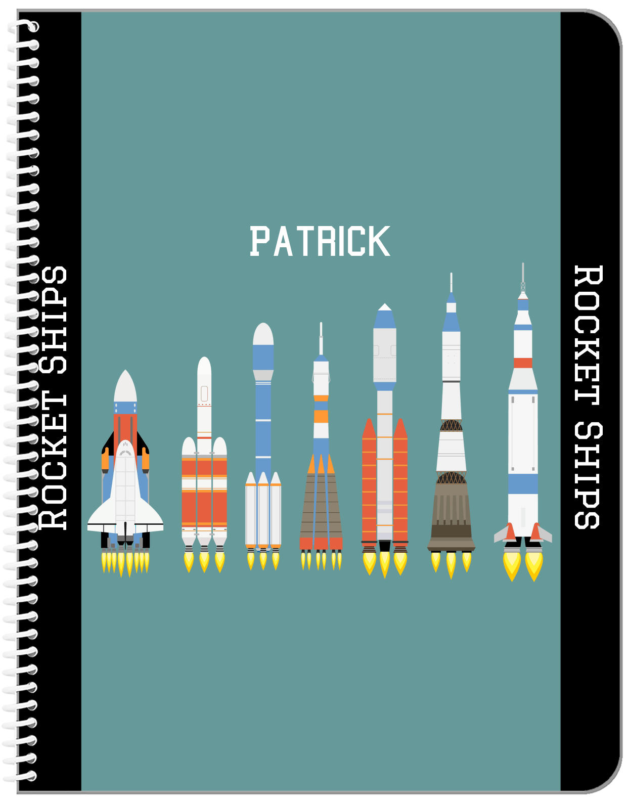 Personalized Rocket Ship Notebook VIII - Teal Background - Front View