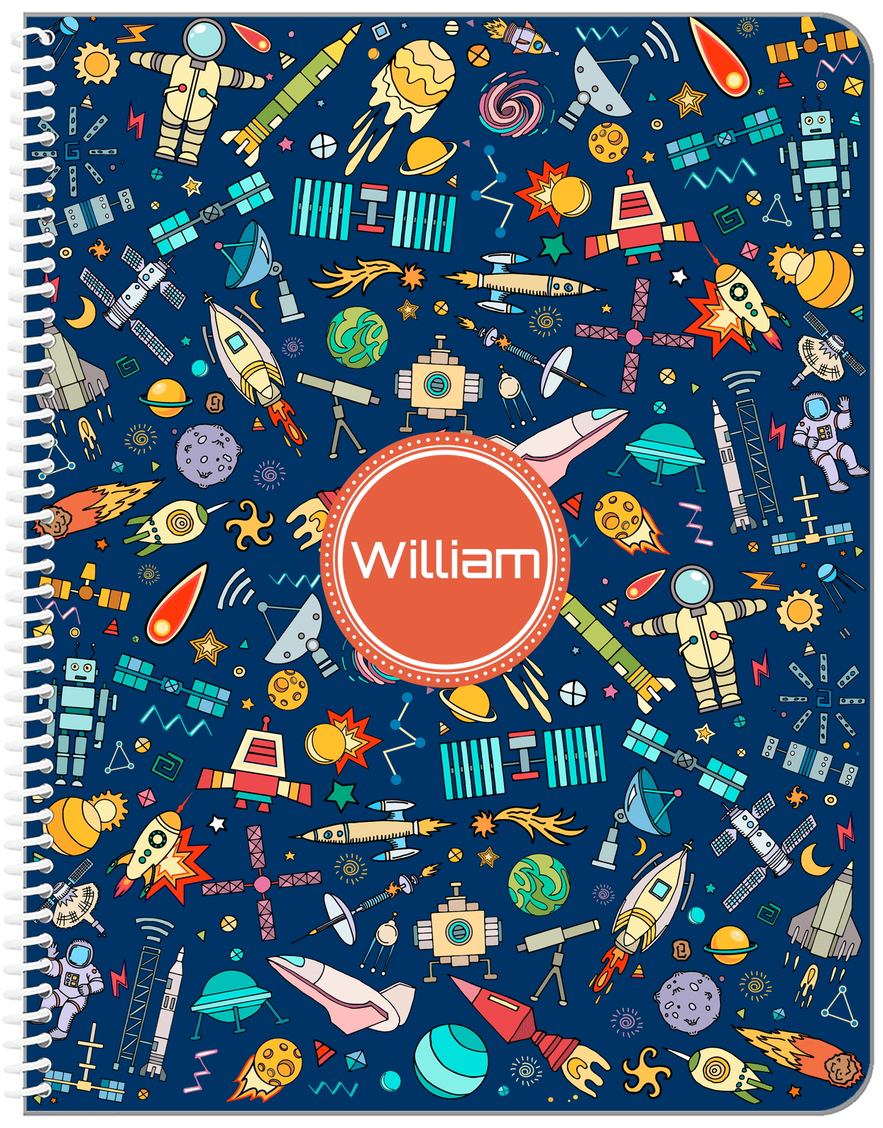 Personalized Rocket Ship Notebook IX - Blue Background - Circle Nameplate - Front View