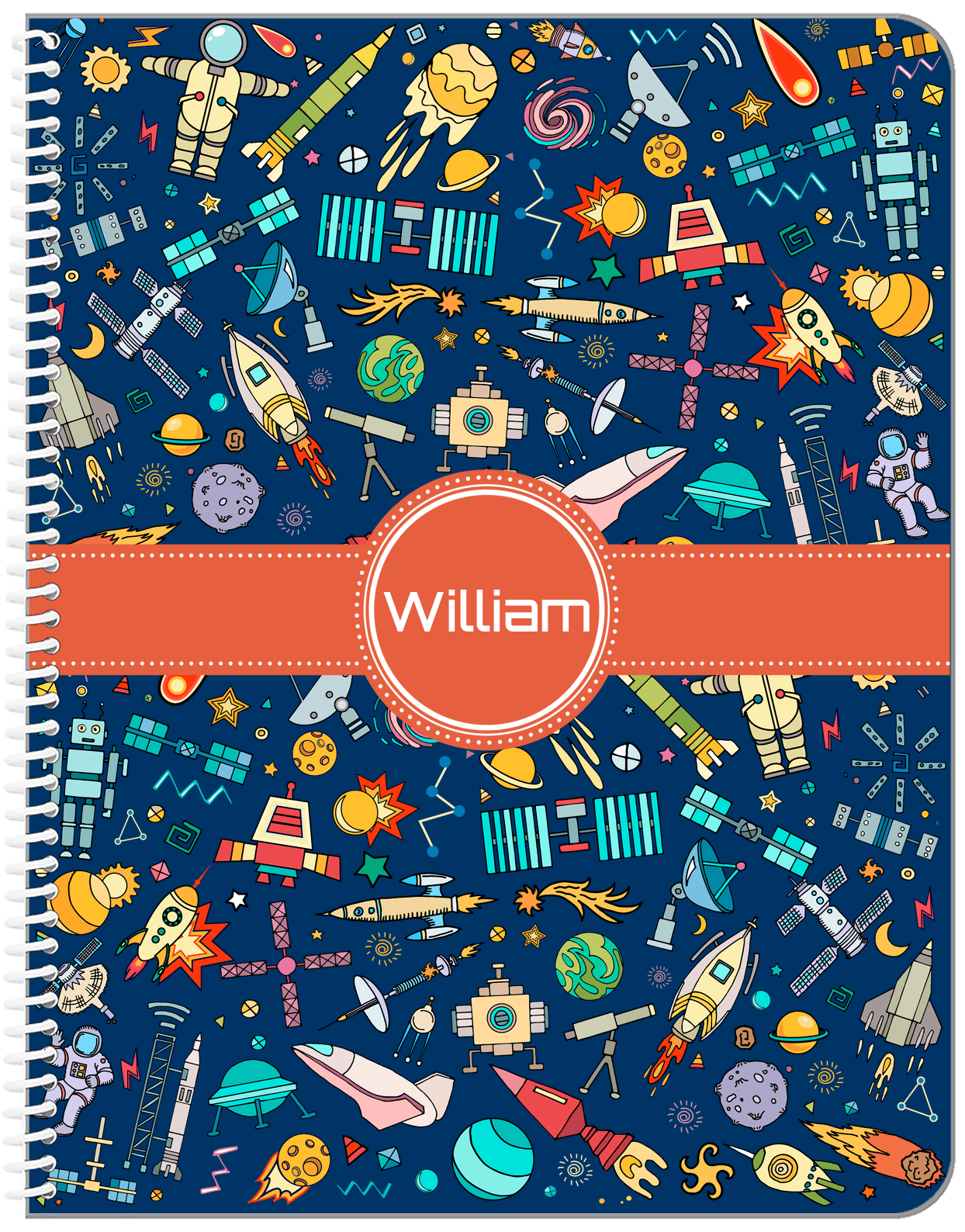 Personalized Rocket Ship Notebook IX - Blue Background - Circle Ribbon Nameplate - Front View
