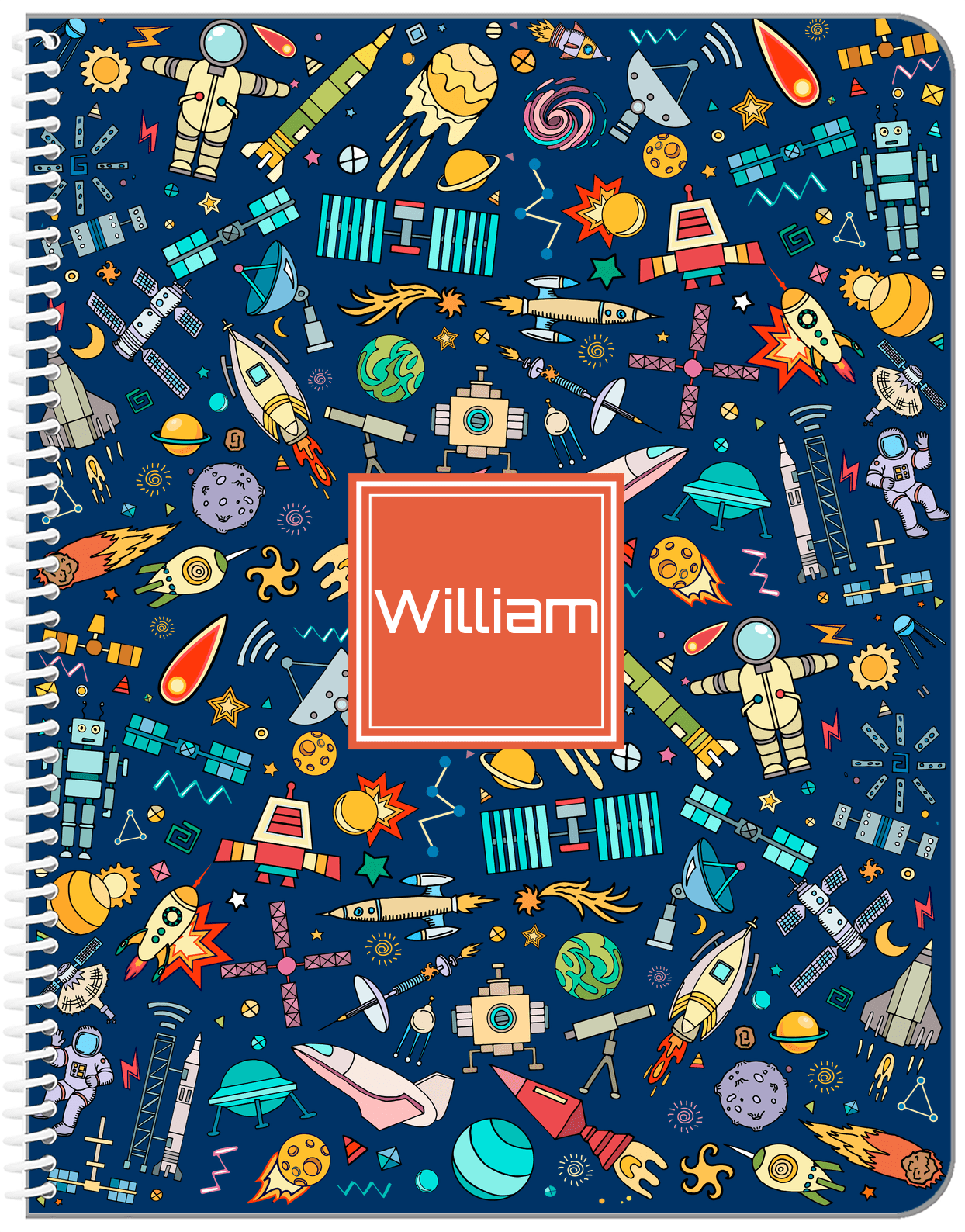 Personalized Rocket Ship Notebook IX - Blue Background - Square Nameplate - Front View
