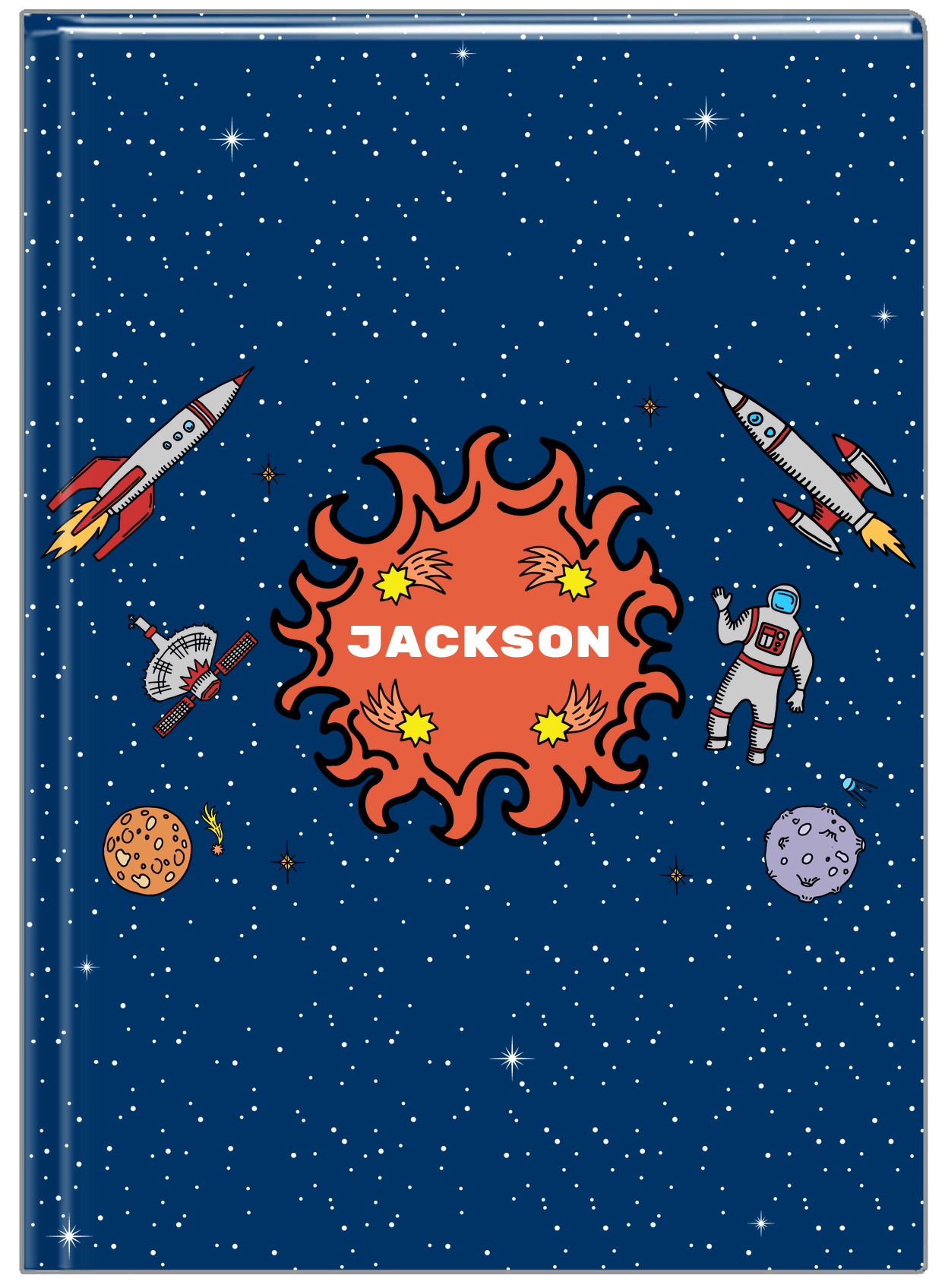 Personalized Rocket Ship Journal V - Fireball Galaxy - Blue Background - Front View