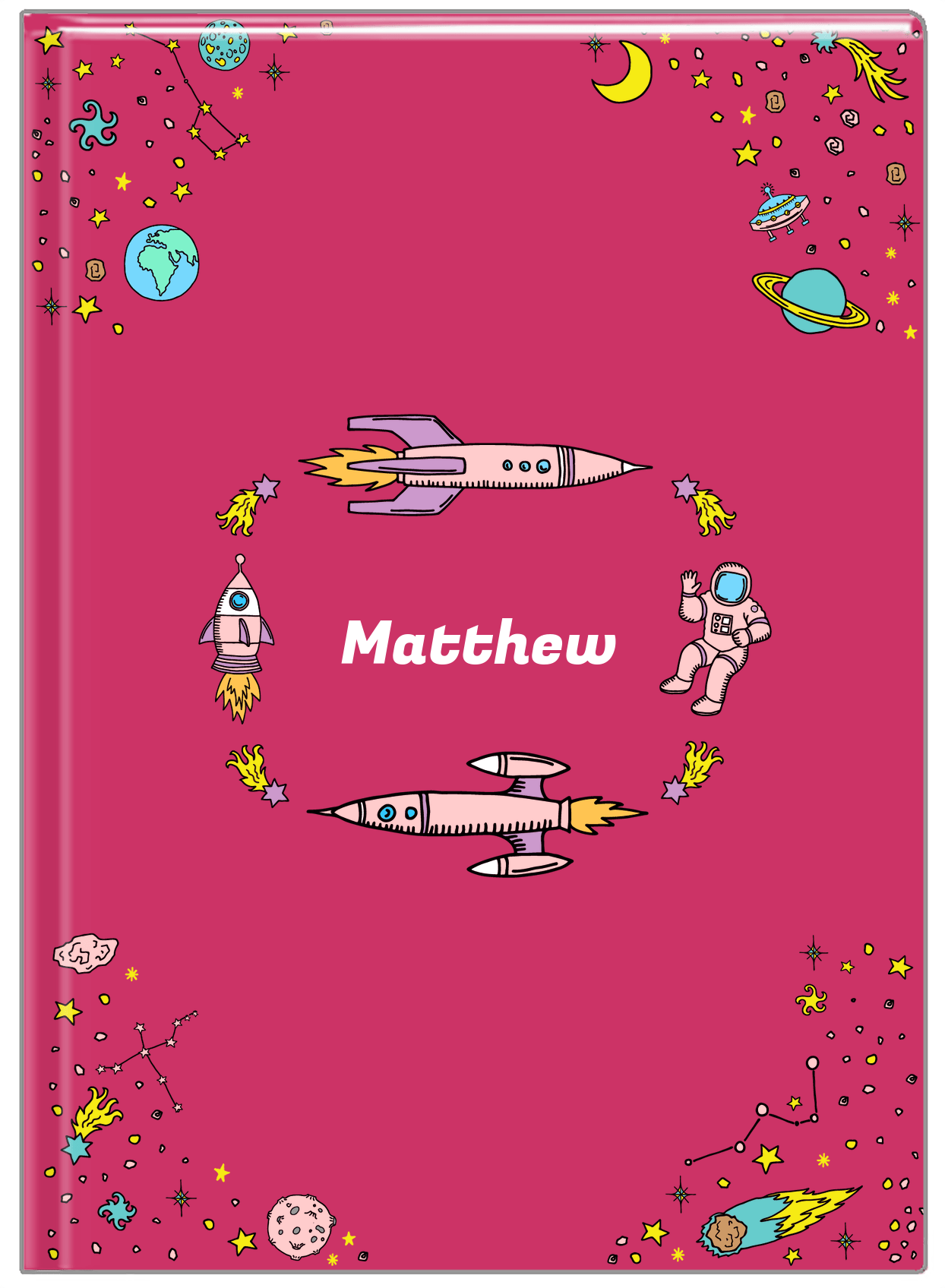 Personalized Rocket Ship Journal VI - Space Orbit - Pink Background - Front View