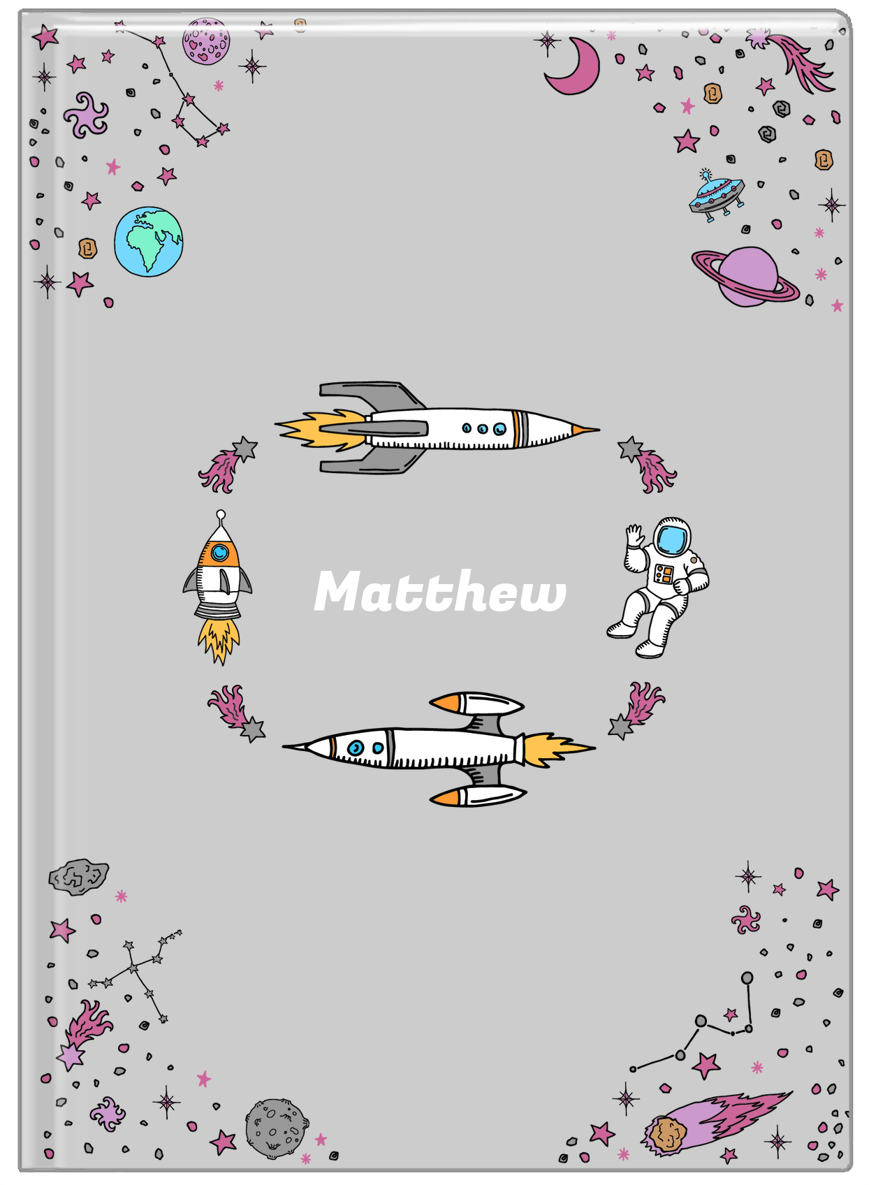 Personalized Rocket Ship Journal VI - Space Orbit - Grey Background - Front View