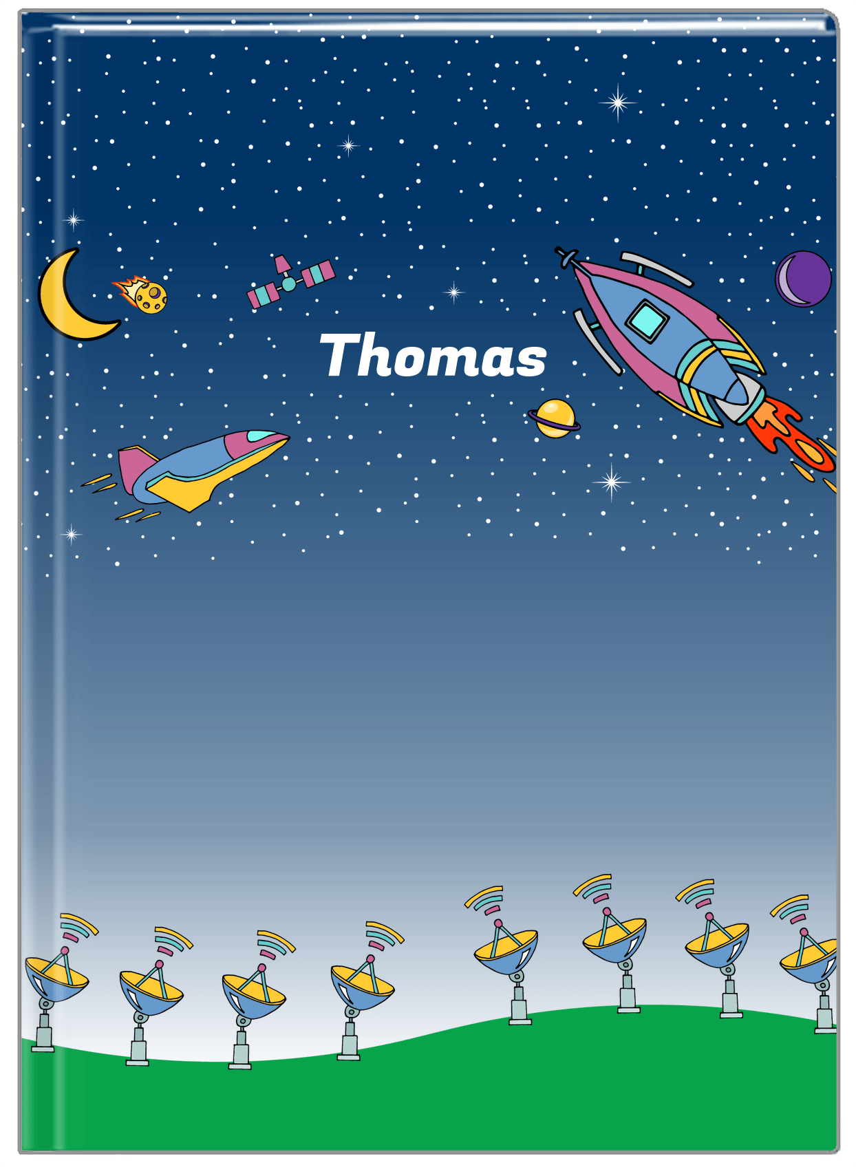 Personalized Rocket Ship Journal VII - Tracking Space - Blue Background - Front View