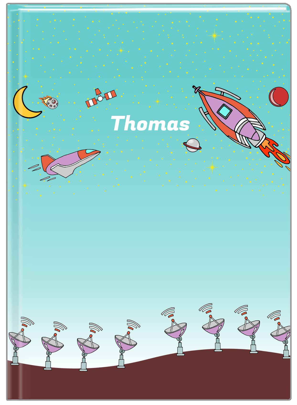 Personalized Rocket Ship Journal VII - Tracking Space - Teal Background - Front View