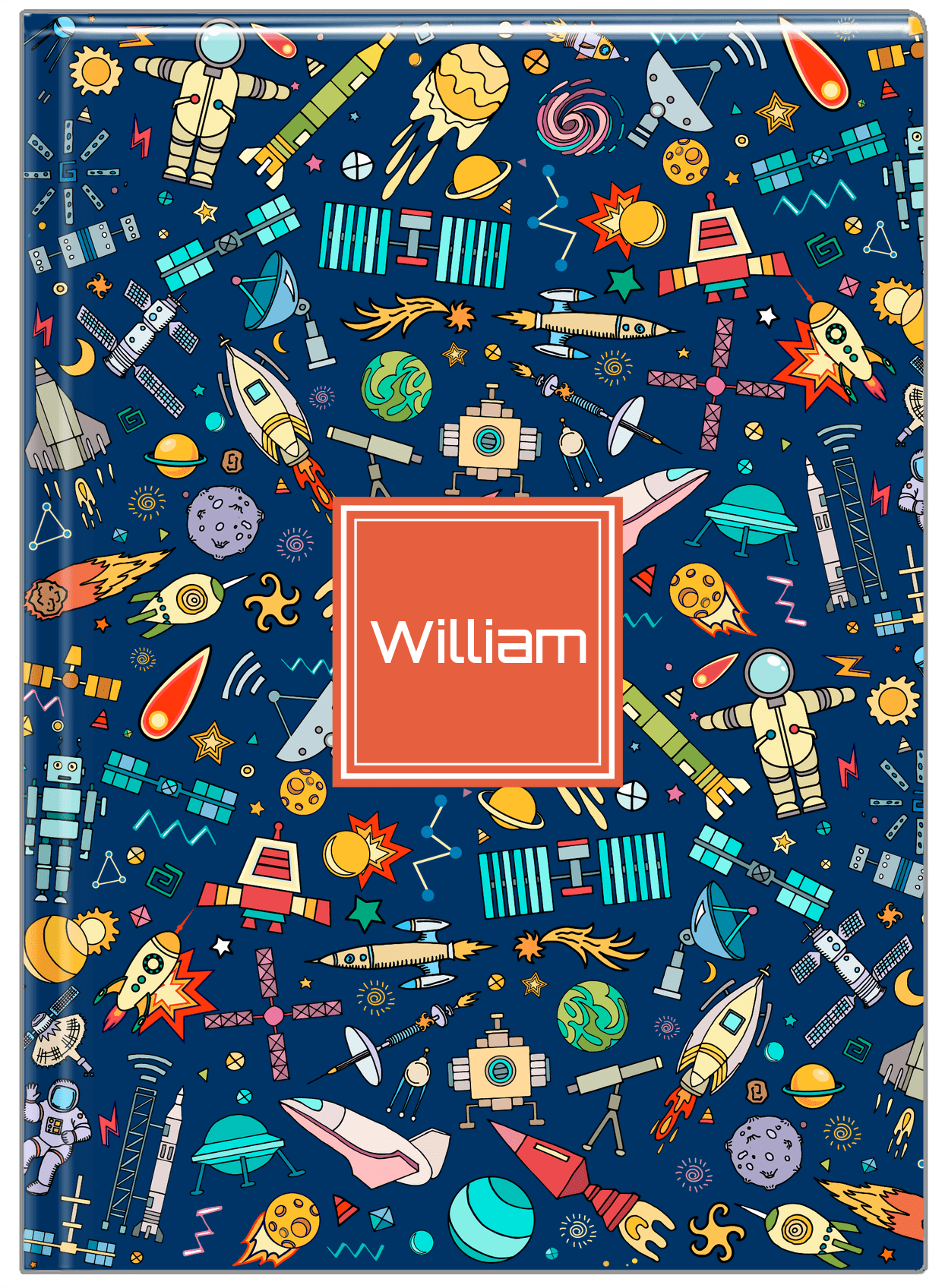 Personalized Rocket Ship Journal IX - Blue Background - Square Nameplate - Front View